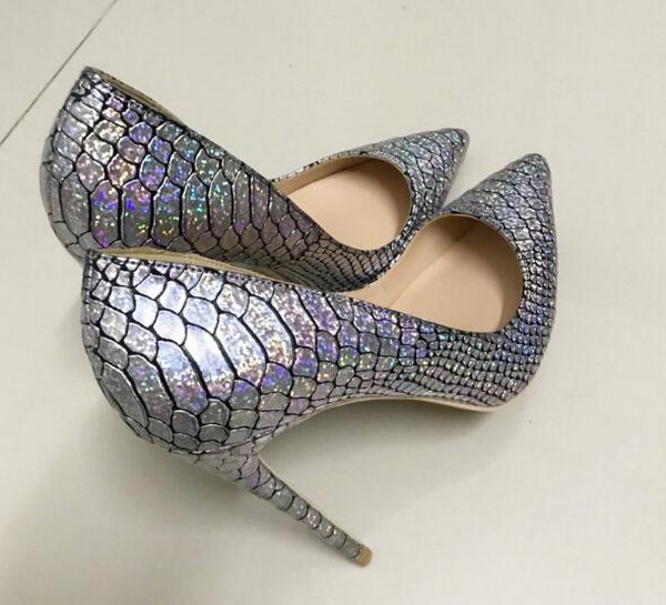 

New Women Brand Red Bottom Shoes Sliver Shining High Heels Snakeskin Leather Pointed Toes Shoes ,Luxury Red Bottom Dress Shoes EU size 33-44, Black