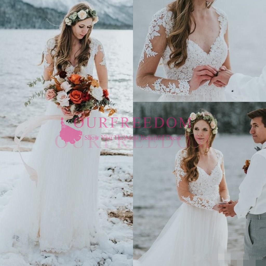 

2019 Latest Long Sleeves Lace Tulle Boho Wedding Dresses A-line Sheer long Sleeves Country Western Bohemian Farm Bridal Gowns, Ivory