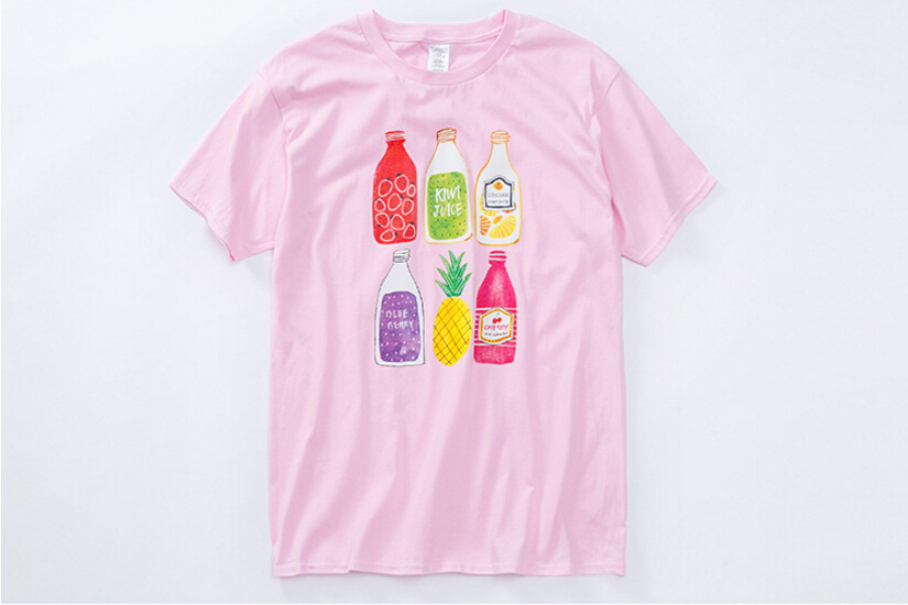 

Summer Fresh Beach Tshirts for Men Clothing Bottles Fruits Juices Fashion Tees Casual Tops Short Sleeves, Pink