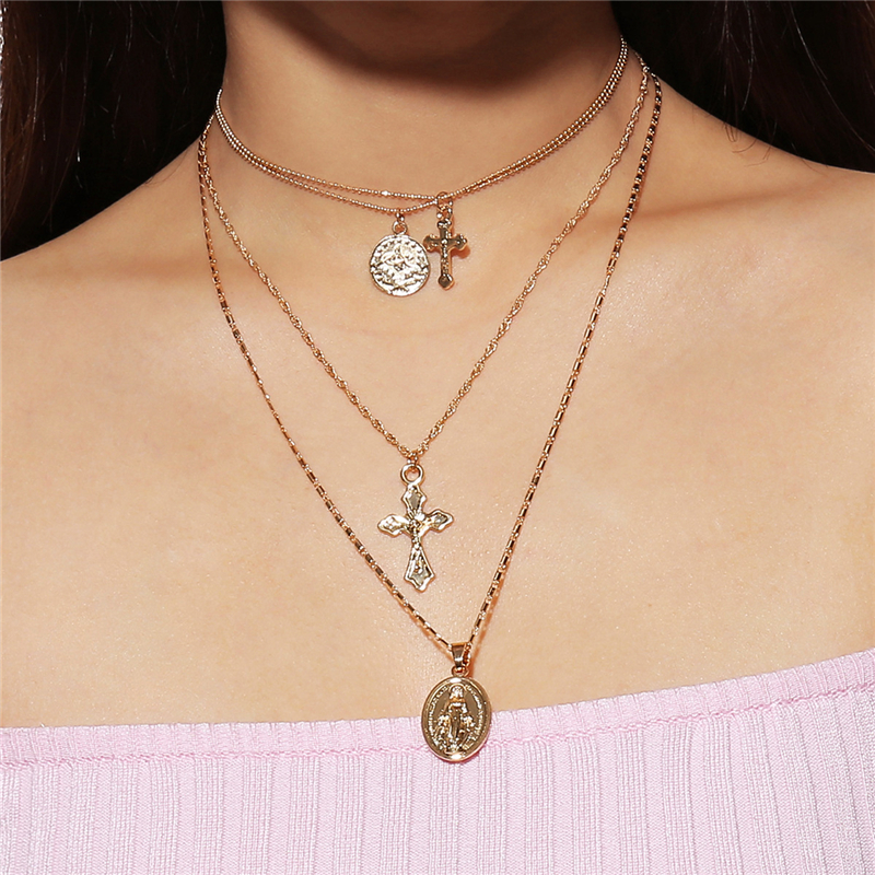 

Multilayer necklaces Jewelry Micro Virgin Mary Oval Medal Pendant Our Lady And Kinds Necklaces Miami Cuban Chain The Madonna cross Necklace