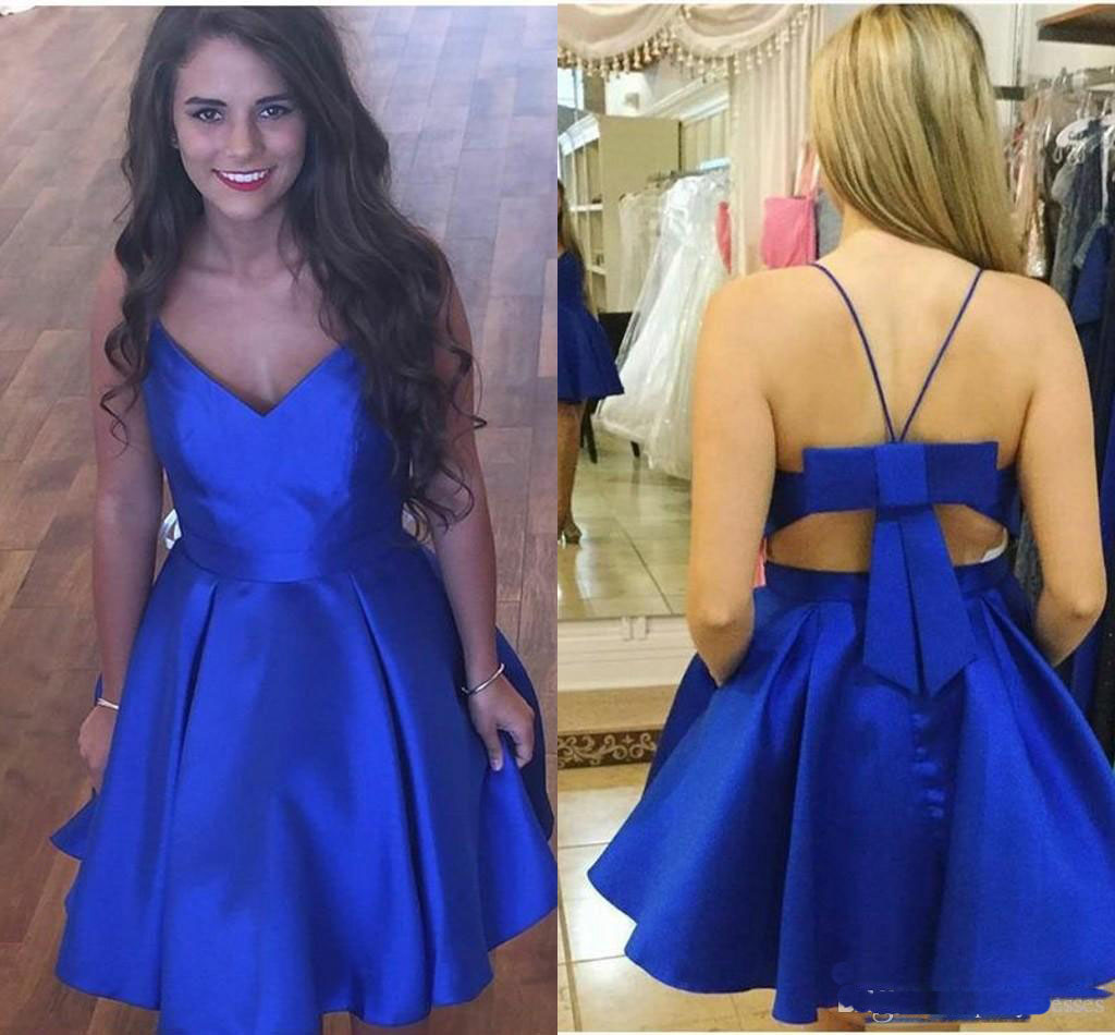 

Cute Royal Blue A line Short Homecoming Party Dresses Sexy V neck Unique Back Design Satin Bows Short Prom Dress Gowns, Light sky blue