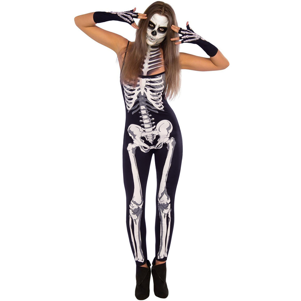 

2018 Sexy Halloween Jumpsuit Women Party Cosplay Skeleton Playsuit Skull Printed Strappy Bodysuits Overalls Zombie Costume Black