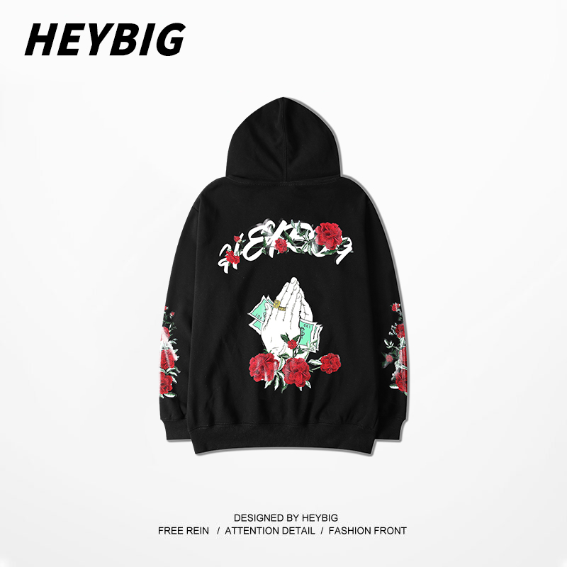 

Tide brand sweatshirt men and women New Hip-hop Hooded hedging National tide coat Korean Students Loose Roses Printing Hoodies, Black