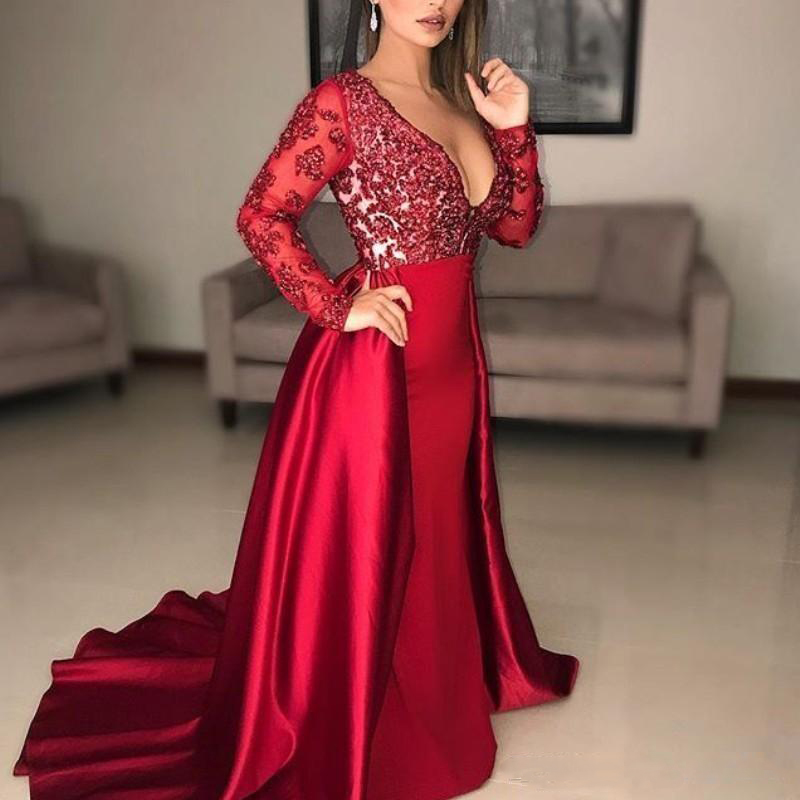 

Dark Red Mermaid Prom Dresses Lace Appliques Sheer Long Sleeves Evening Gowns Deep v Neck Sexy Satin Formal Party Dress Saudi Arabia Vestido, Sage