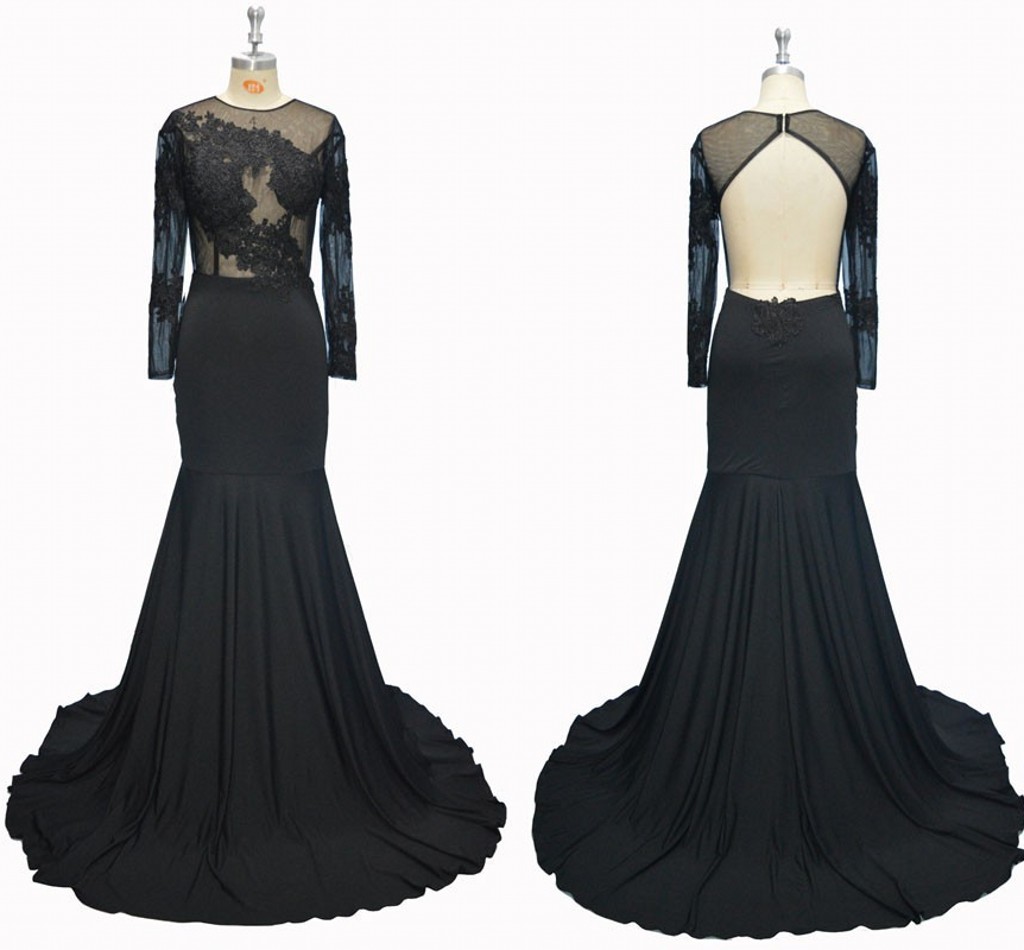 

African Prom Dresses Black Cheap Mermaid Illusion Long Sleeve Lace Applique Satin Jewel Neck Keyhole Back Ruched With Little Train, Gray