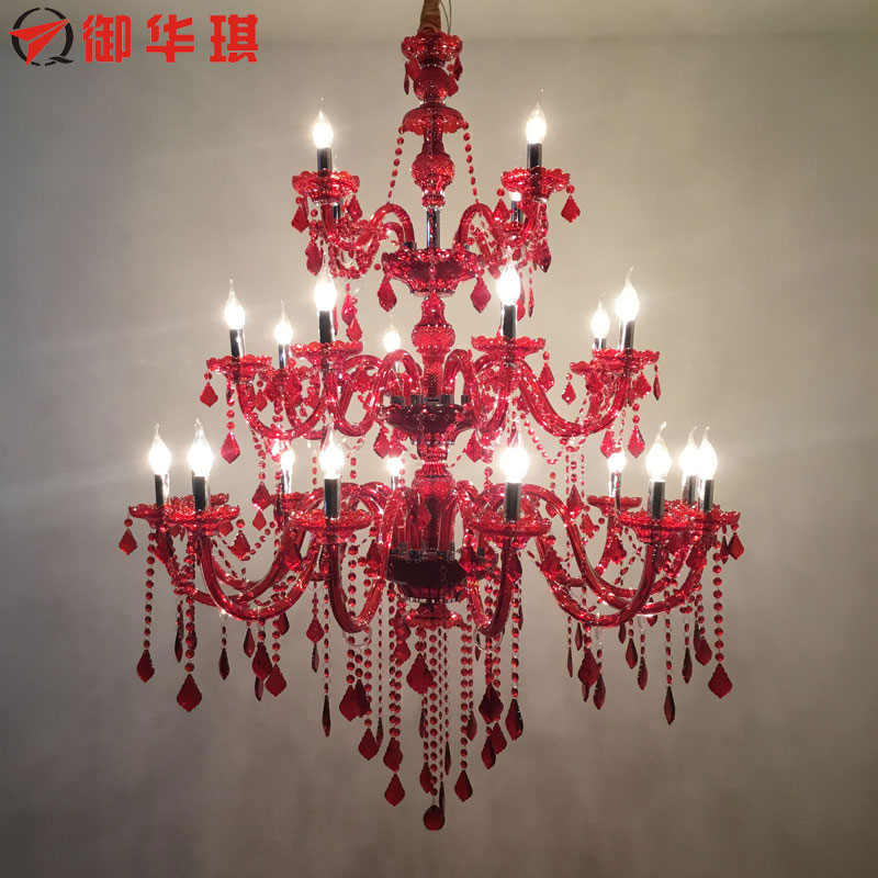 Grand lustre en cristal rouge allumant en rouge à 3 niveaux Grand lustre en cristal Lustres Cristal GRANDS lustres en cristal pour hôtel de villa
