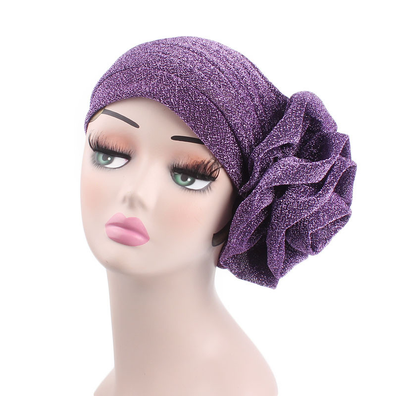 

Muslim Ruffle Women's Rose Flower Bubble Women's Pleated Strech Chemo Hat Beanie Turban Headwear Wrap Cover for Cancer Patients Head Hair, Purple