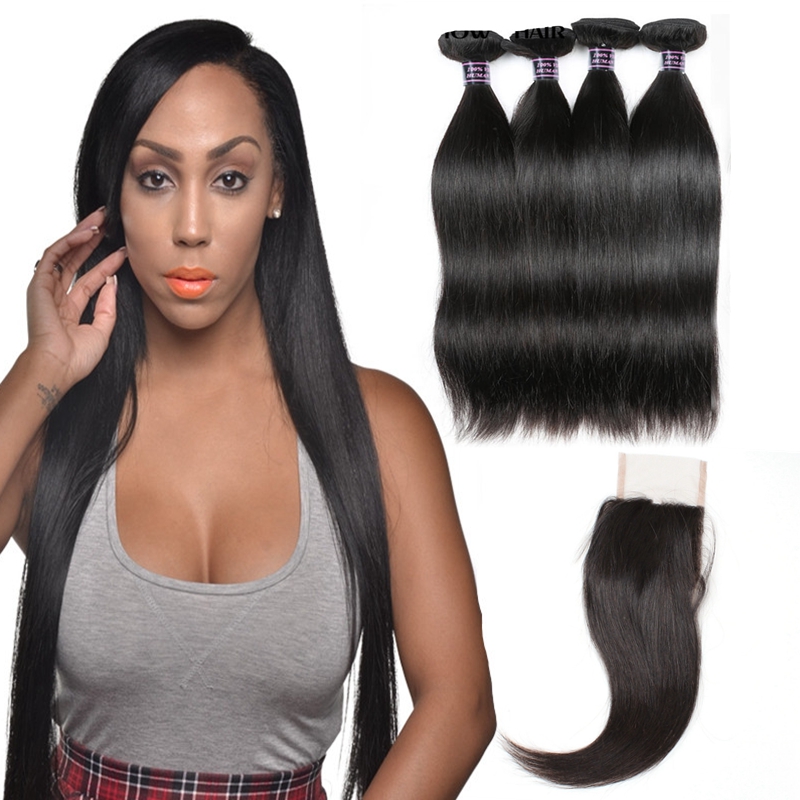 

Ishow Brazilian Hair Weaves 10A Human Hair Bundles With Closure Straight Peruvian Hair Extensions 4bundles Wefts for Women Girls All Ages Natural Color 8-28inch