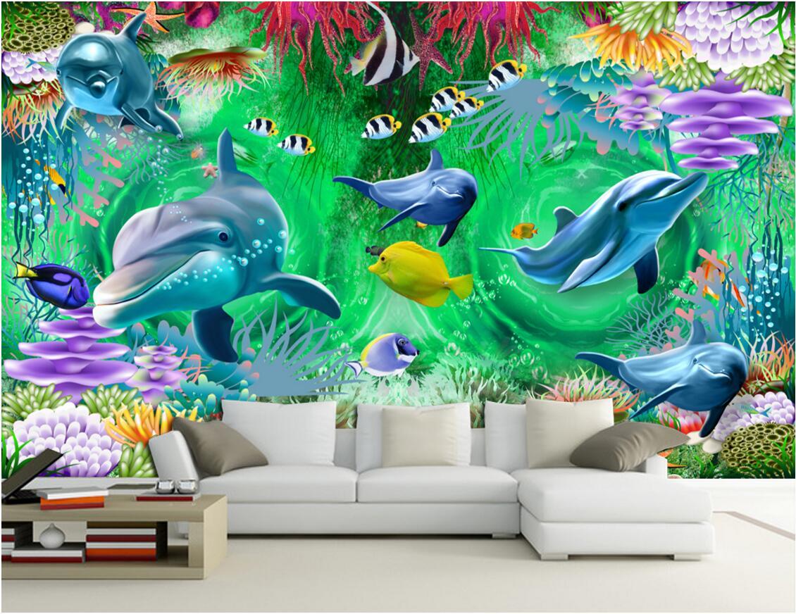 

3d room wallpaper custom photo non-woven mural Swirl the underwater world dolphin decoration painting 3d wall murals wallpaper for walls 3 d, Picture shows