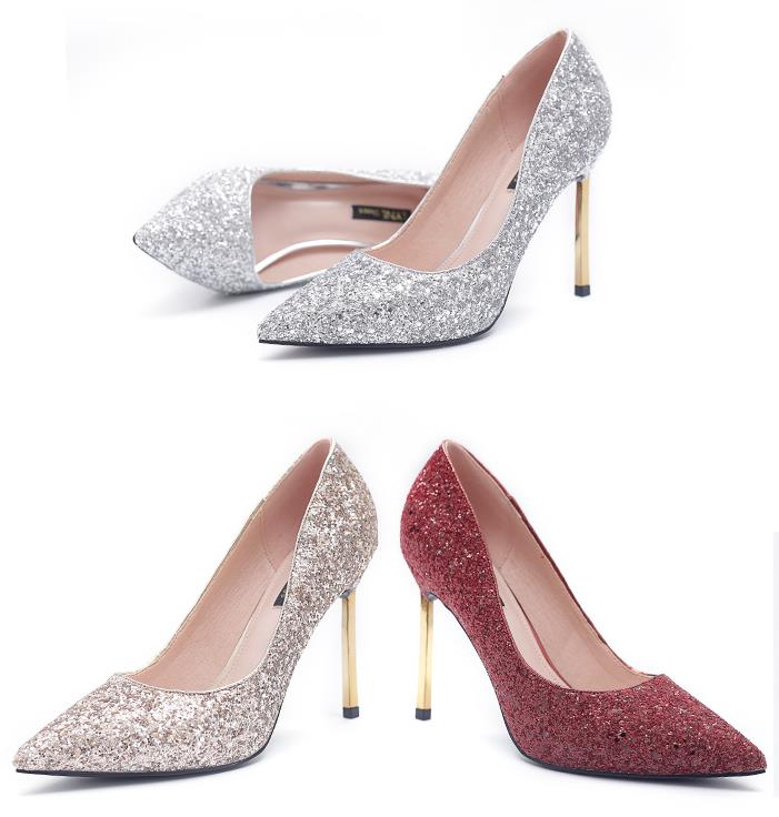 

Fashion Sequin Wedding Shoes 4 Inch High Heels Designer Bridal Shoes Pointed Toe Party Prom Women Shoes Burgundy Gold Silver Free Shipping