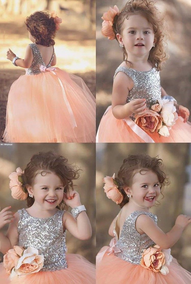 

Flower Girl Dresses For Summer Beach Garden Weddings Cap Sleeves Sheer Appliqued Sequined Long Girls Pageant Party Gown, Orange