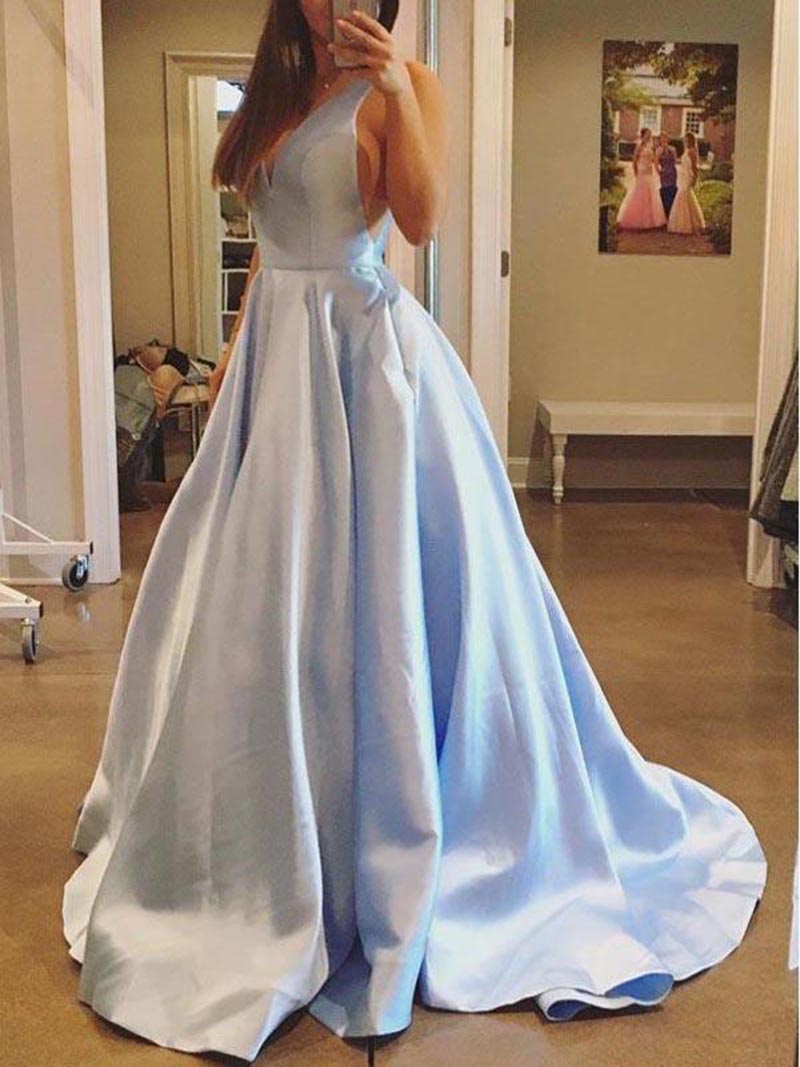 

Sexy V Neck A line Evening Dresses Affordable Simple Light Blue Satin Backless Long Evening Gowns Custom Made Formal Prom Party Dresses, Light sky blue