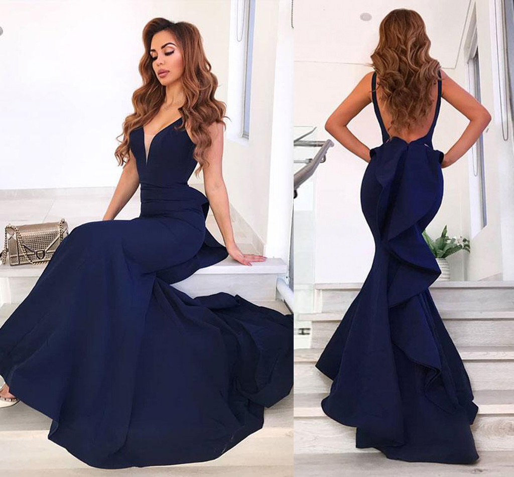 

Elegant Navy Blue Mermaid Evening Dresses V Neck Sleeveless Satin Floor Length Backless Prom Dresses Sexy Evening Gowns With Ruffles, Dark navy