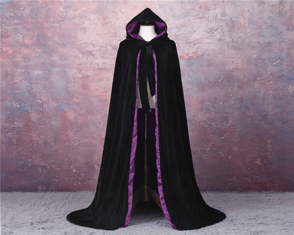 

Velvet Hooded Cloak Cape Medieval Renaissance Costume LARP Halloween Fancy Dress Velvet Cosplay Clothing, Black + silver lining