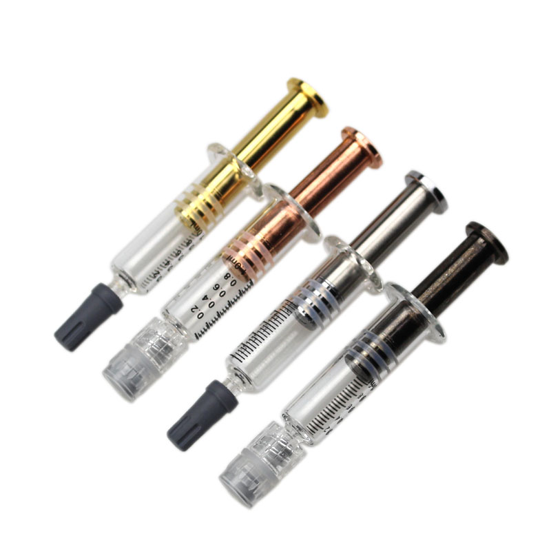 

Colorful glass syringe 1ml metal plunger with ML marking fit for 510 thick oil ceramic coil vape pen cartridge