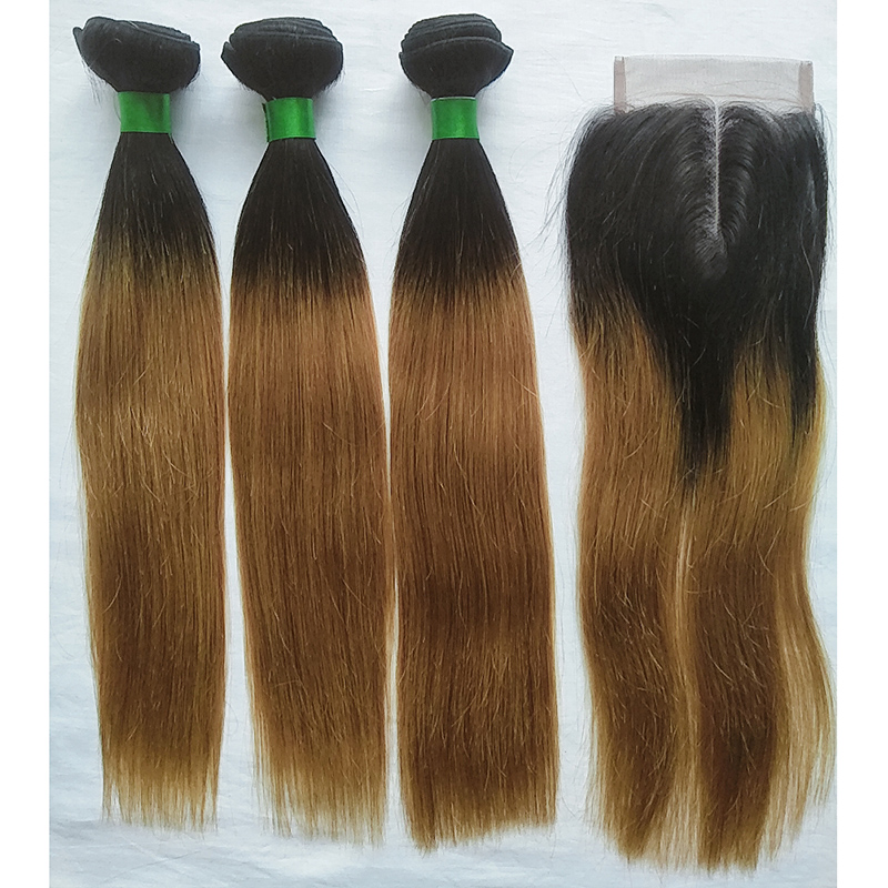 

T1B/27 Ombre Brazilian Hair Weave Bundles With Closure Blonde Straight Human Hair 3 Bundle With 4x4 Middle Part Lace Closure Non Remy, Ombre color t1b/27