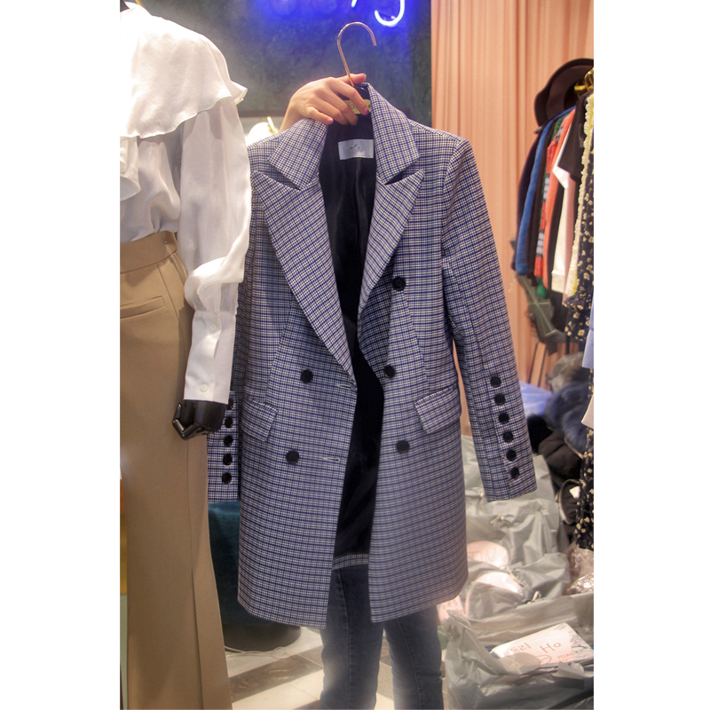 

2018 Autumn New Arrival Women Blue Plaid Notched Long Sleeve Buttons Double Breasted Medium Long All-match Slim Blazers Suits