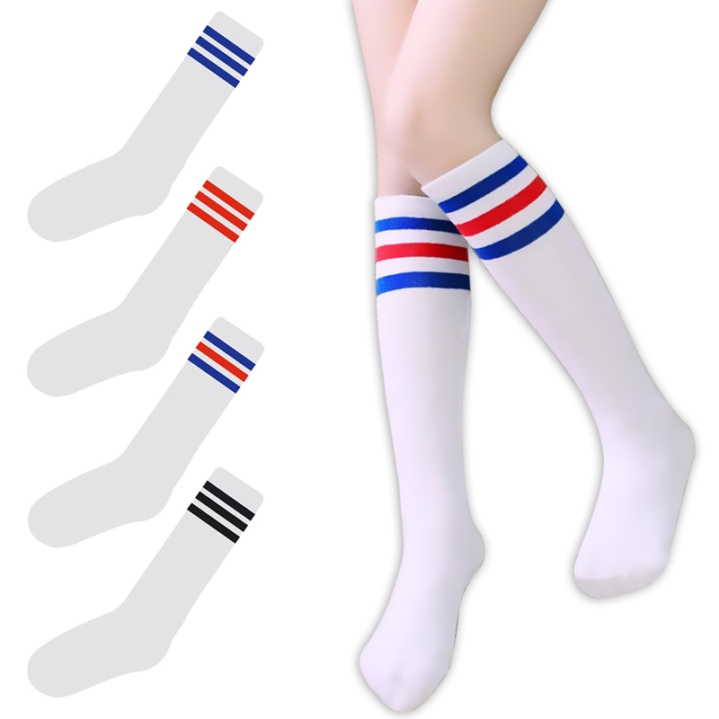 

Korea college style Women&Girl long tube three/3 striped socks colorful fashion cotton high quality fancy tube socks, White black