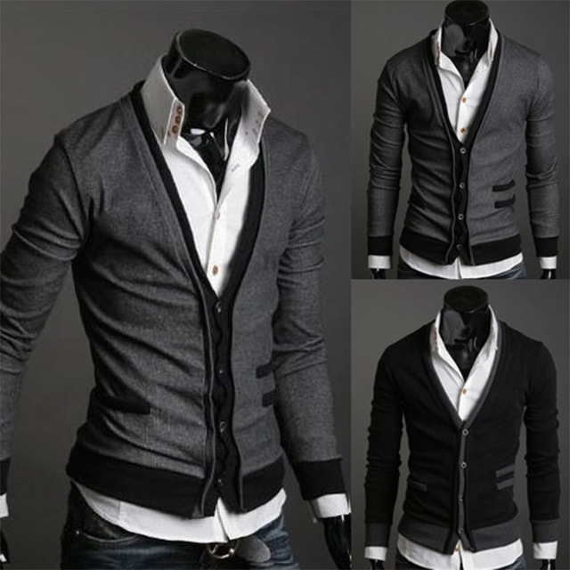 Chaud gris foncé / noir hommes mode simple coton faux homme à glissière de poche importé manteau en laine pull cardigan M / L / XL