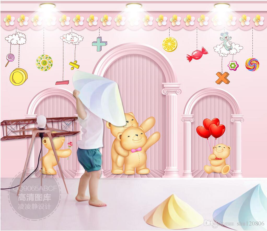 

3d room wallpaper on a wall custom photo mural Cartoon Bear Roman Column Pink Children's Room 3d wall murals wallpaper for walls 3 d
