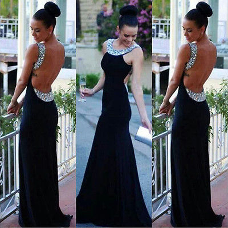 

New Fashion Women Sleeveless Black Sequin Sexy Backless Formal Party C-Neck Long Gown Maxi Dress