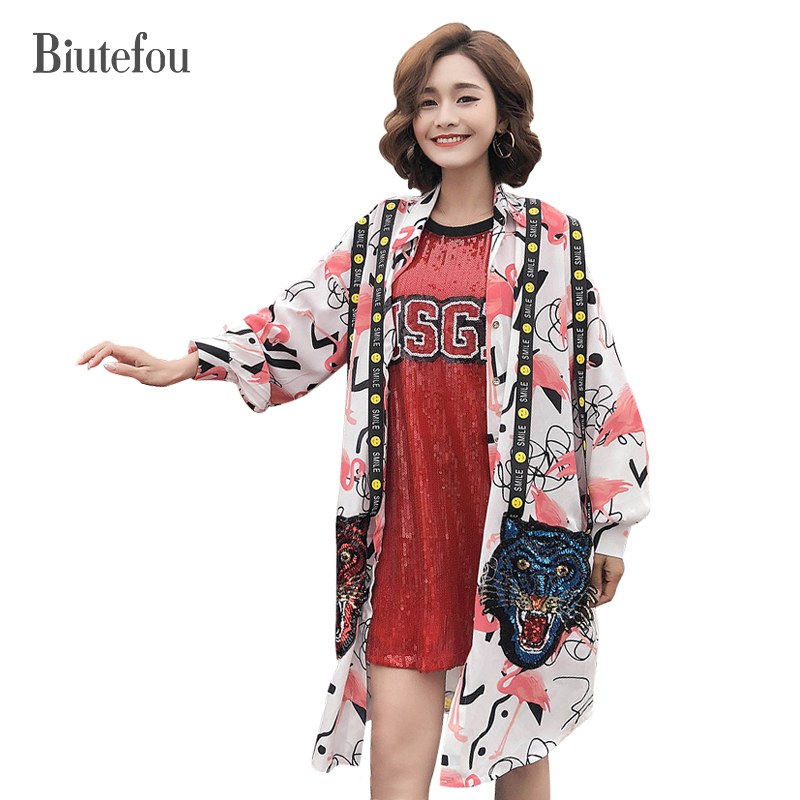 

2018 Spring cartoon print long shirts women fashion tiger sequined ribbon shirts