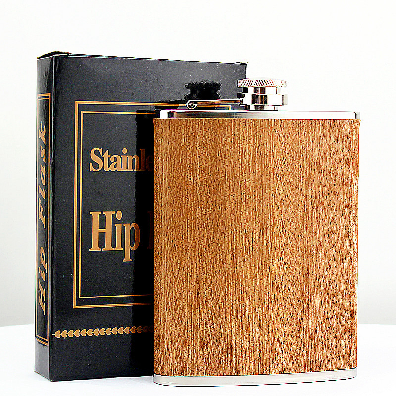 

8oz Stainless Steel Hip Flask Wood Pattern Steel Material Whiskey Bottle