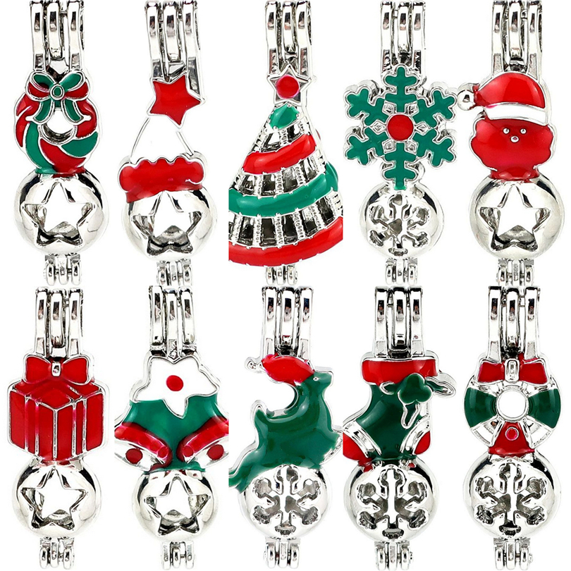 

10pcs/lot Silver Enamel Merry Christmas Elk Star Green Red Oysters Beads Cage Locket Pendant Aromatherapy Perfume Essential Oils Diffuser