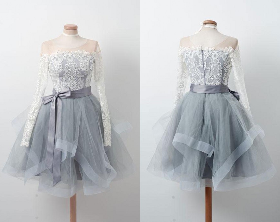 

Chic Sliver Knee Length Short Evening Formal Gowns Cheap Jewel Sheer Neck Illusion Long Sleeves Lace Ball Gown Ruffle Tulle Short Prom Dress, Light yellow