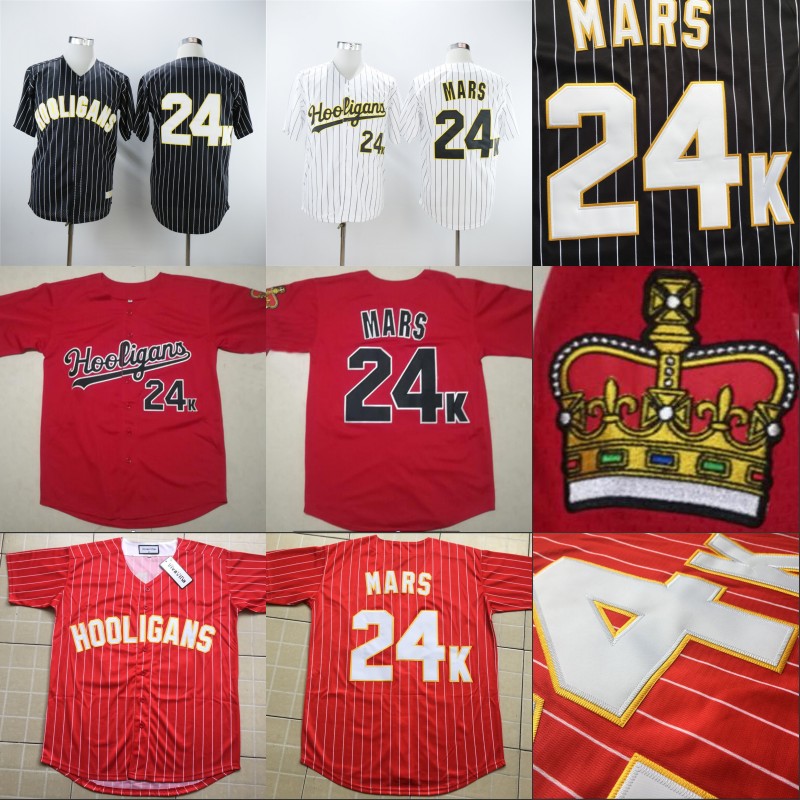 

Mens 24k Bruno Mars Hooligans Bianco Awards Gessato Jersey Stitched Sewn Button Bruno Mars Baseball Jerseys Cheap Black Red White S-3XL