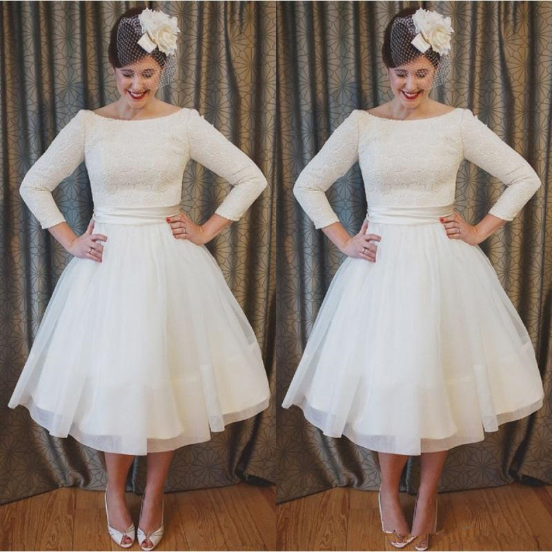 

2019 Boho Ivory Short Wedding Dresses Knee Length vintage 3/4 long Sleeves scoop Neck Pleats Lace country beach Bridal Gown plus size, Silver