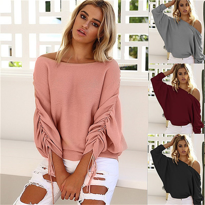 Nouveau 2018 Mode Femmes Casual Tricot Sexy De L'épaule À Manches Longues Pull Lâche Rose Noir Vin Chandail Automne Chandail D1892003