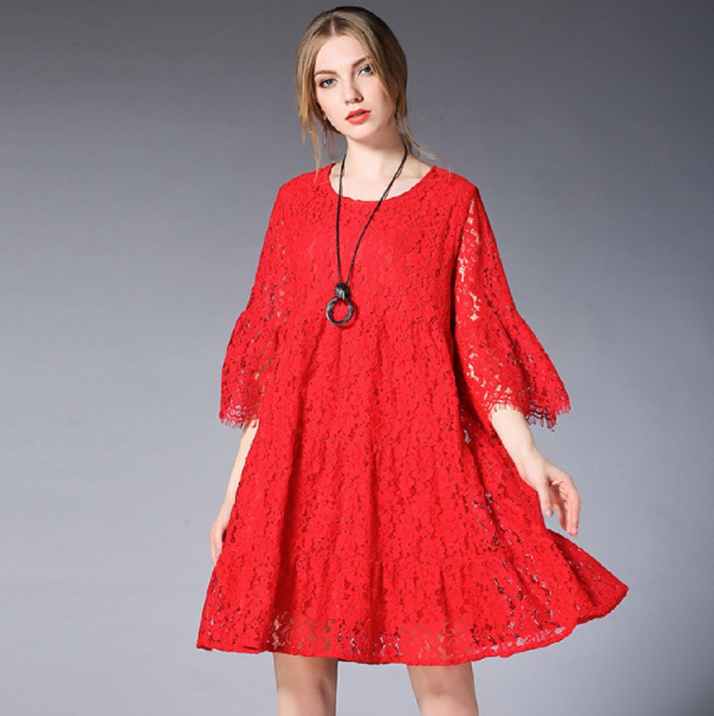 

Women's Lace Fashion Hollow-out Exquisite Embroidery Large Size Frock Maternity Dress 3/4 Sleeves (Black/Red/Green)