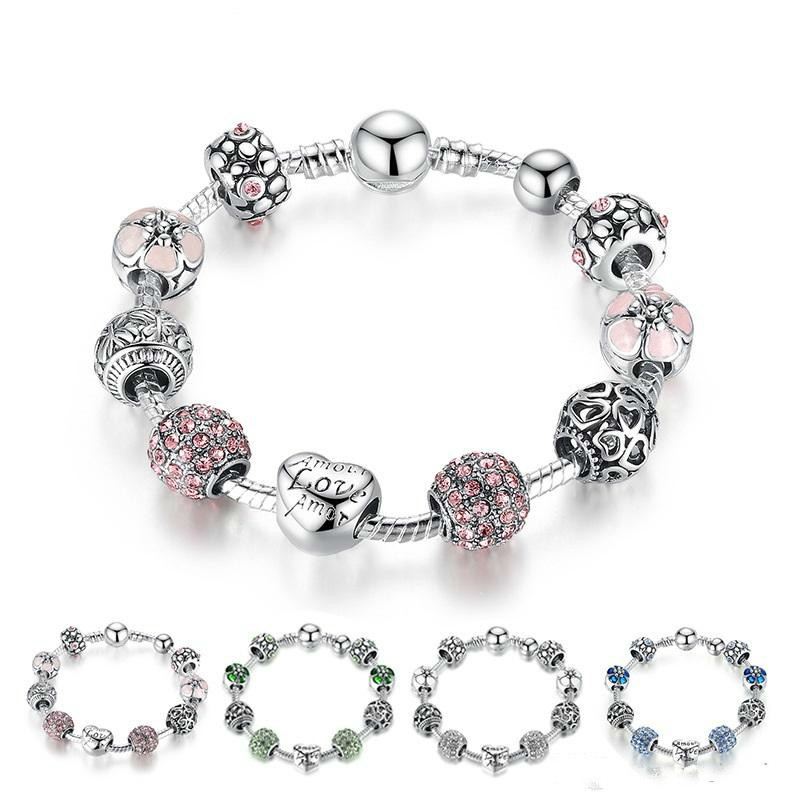 

Favourite On Sale Tibetan Silver Beads Bracelet Charms Glass Beads DIY Beaded Strands Bracelet Pink White Blue Green 4 Colors Optional