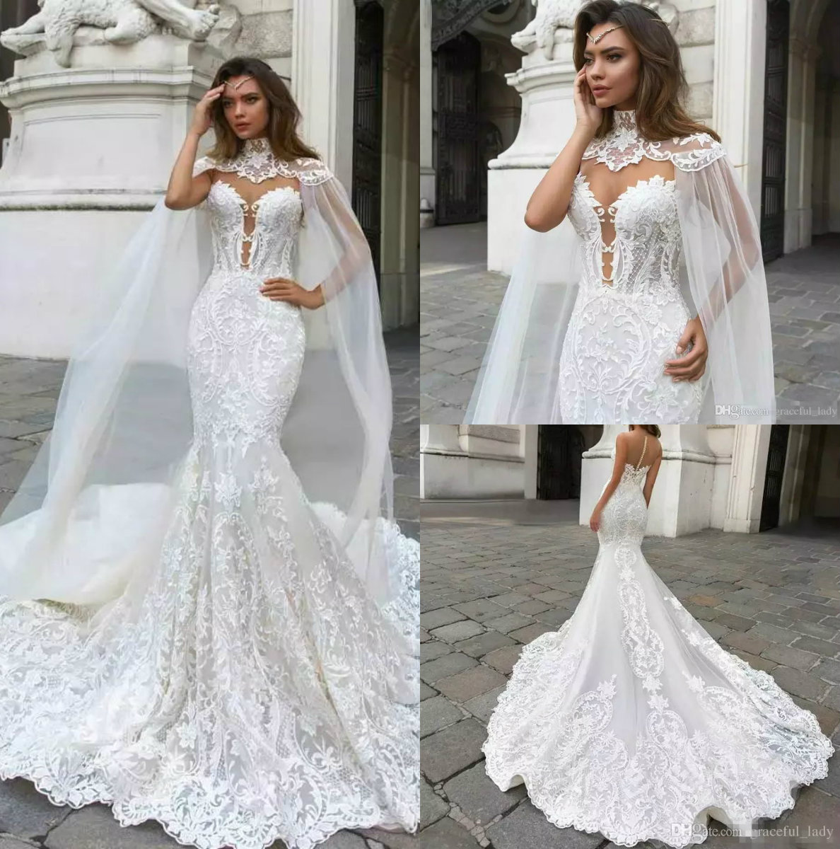 

2019 Beach Mermaid Wedding Dresses Sheer Neck Lace Bridal Gowns With Cape vestido de novia Boho Plus Size Wedding Dress, Champagne