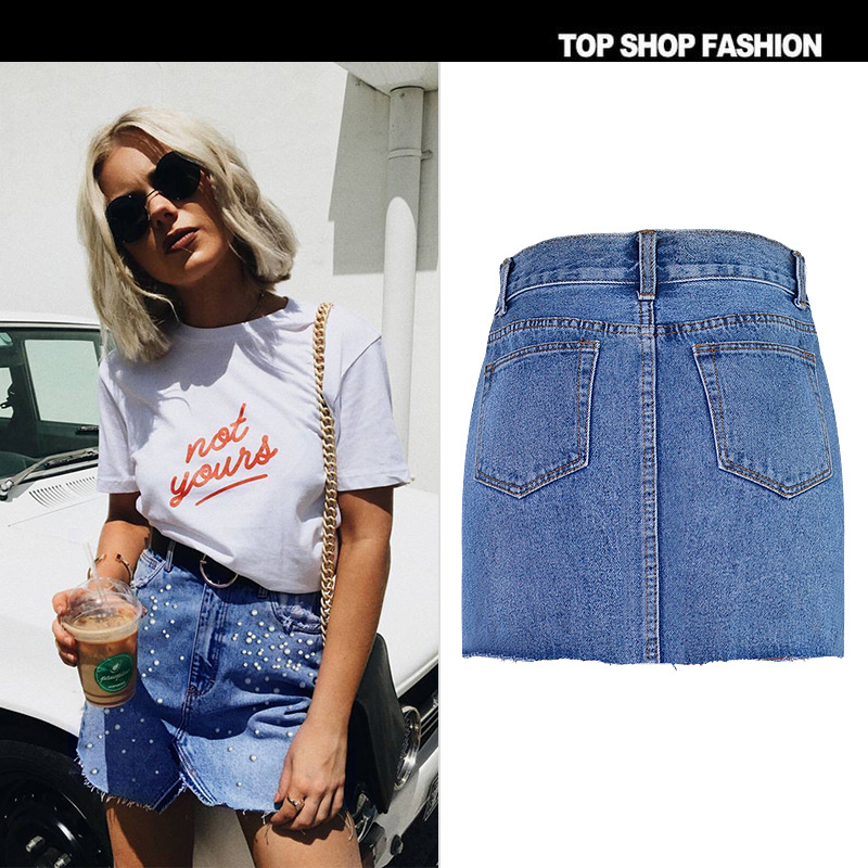 

Skirts Women High Waist Jean Summer Pearl Designs Triangle Hem A Line Sheath Skirt Light Blue