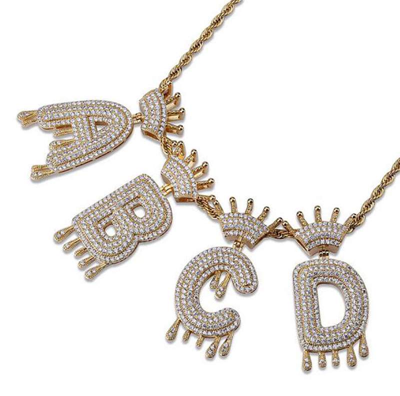 

Luxury Iced Out Bling A-Z Crown English Letter Pendant Necklace Gold&Silver Hip hop 3mm 60cm Rope Chain Fashion Men Women Jewelry gift box
