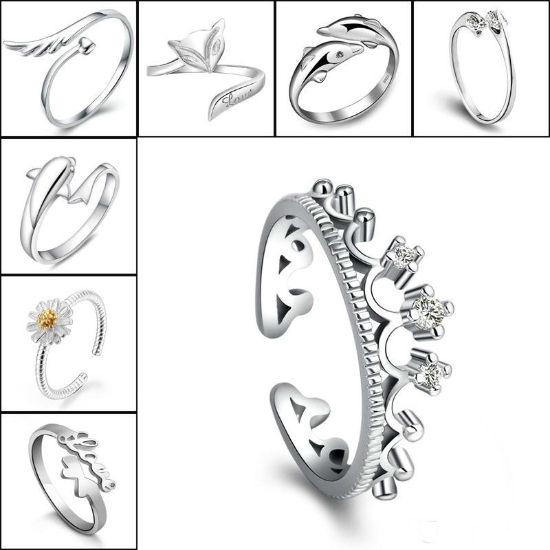 925 Sterling Silver Rings For Crown Dolphins Dragonfly Horse Wing Fox Heart Forever Love Adjustable Finger Ring Women Wedding Jewelry