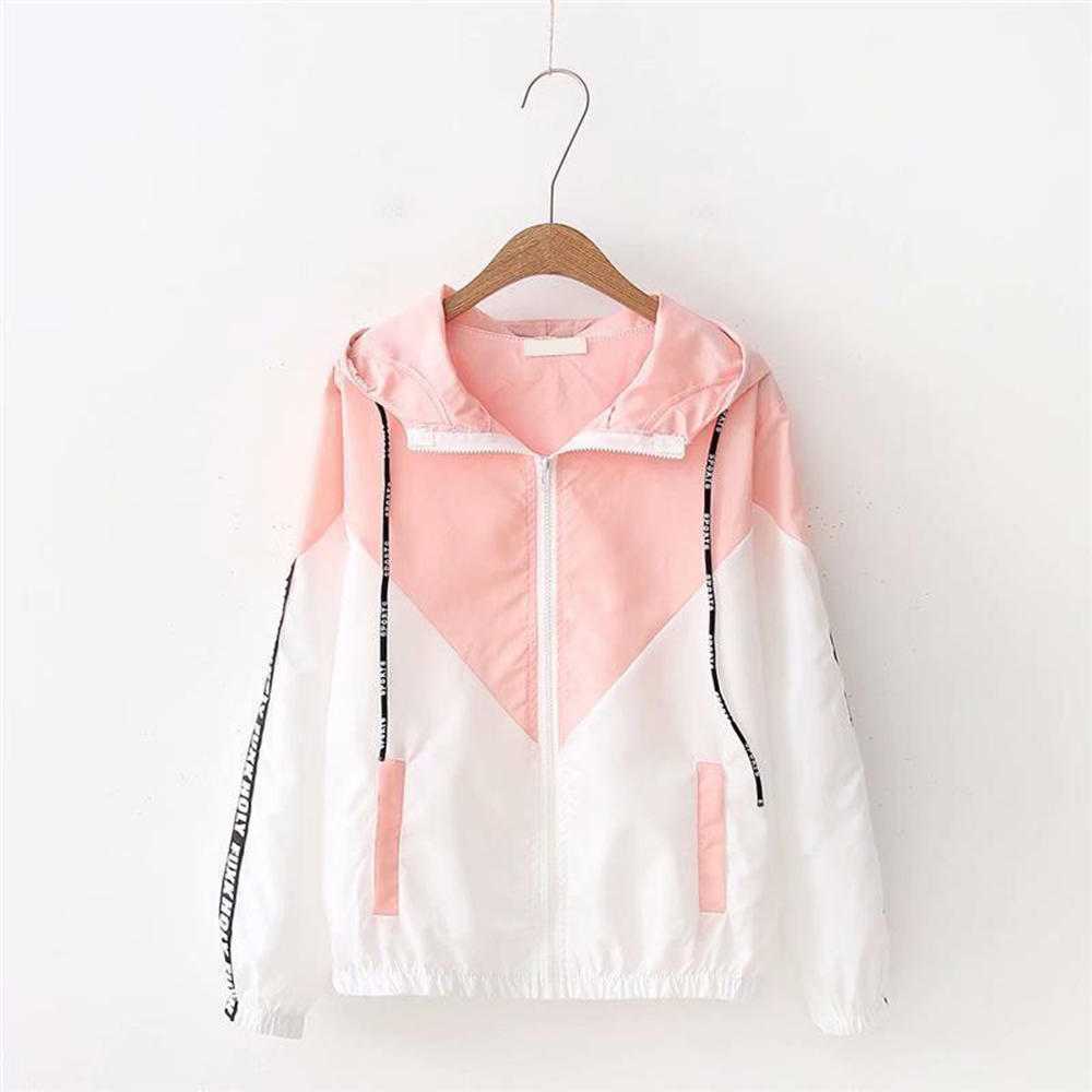 

Long Sleeve Hooded Two Tone Windbreaker Zipper Pockets Autumn Patchwork Jacket Thin Feminino Loose Coats 2018 Casual Outwear, Gray
