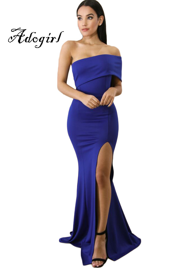 

Adogirl 2018 Sexy Spring New One Shoulder Evening Party Mermaid Dresses Blue Red Fashion Slash Neck Slit Floor Length Maxi Dress