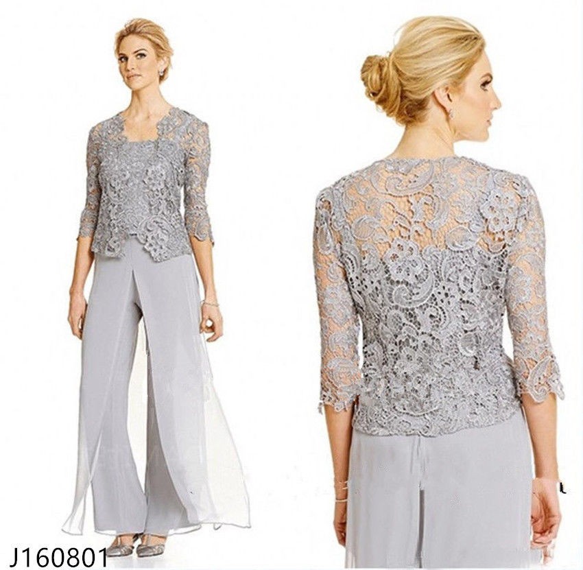 

Classy Lace Mother Of The Bride Pant Suits With Jacket Chiffon Three Pieces Wedding Guest Dress Plus Size Mothers Groom Dresses