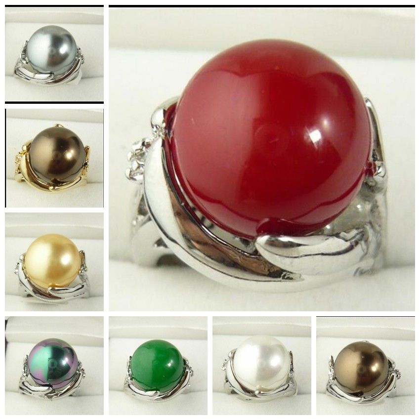 

Wholesale 14mm South Sea shell pearl Bead Gemstone Jewelry Ring Size 6 7 8 9, Silver