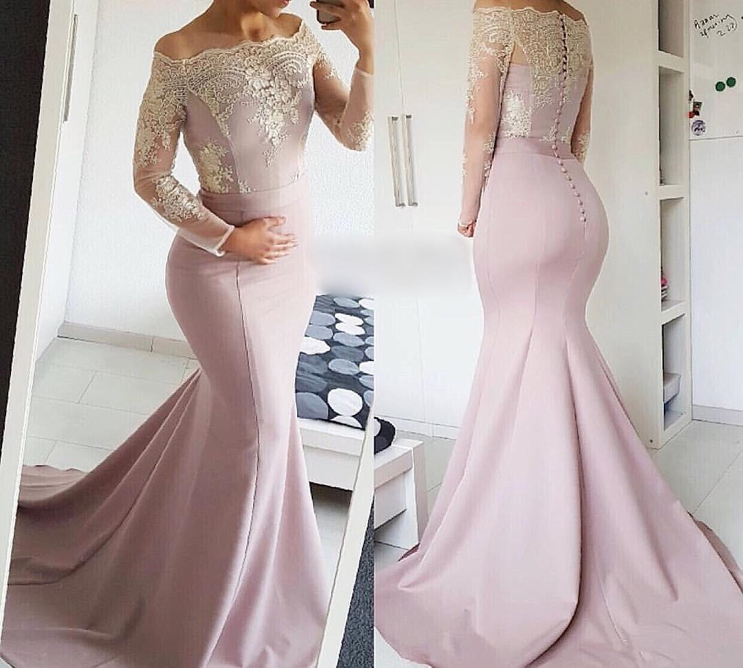 

Sexy boat Neck Long sleeve Evening Dresses arabic lace Prom Dresses Satin Appliques buttons Mermaid Formal Evening Gowns Robe De Soiree, Hunter