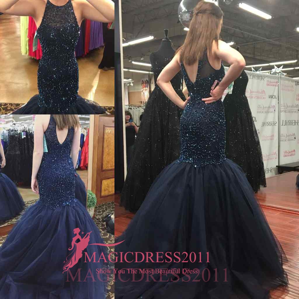 

2019 Prom Dresses Mermaid Jewel Backless Sleeveless Floor Length Major Beading Evening Gowns Vestidos De Festa, Same as picture
