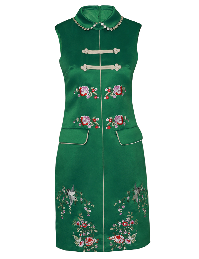

Embroidery Women Sheath Dress Peter Pan Collar Sleeveless Dresses 01K594, Green