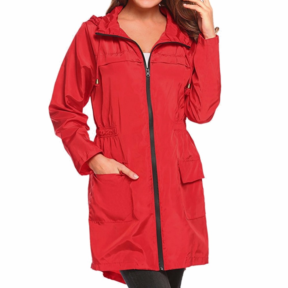 Women Drawstring Waist Hooded JACKET Coat Lightweight Travel Waterproof Raincoat Hoodie Long Windproof Windbreaker