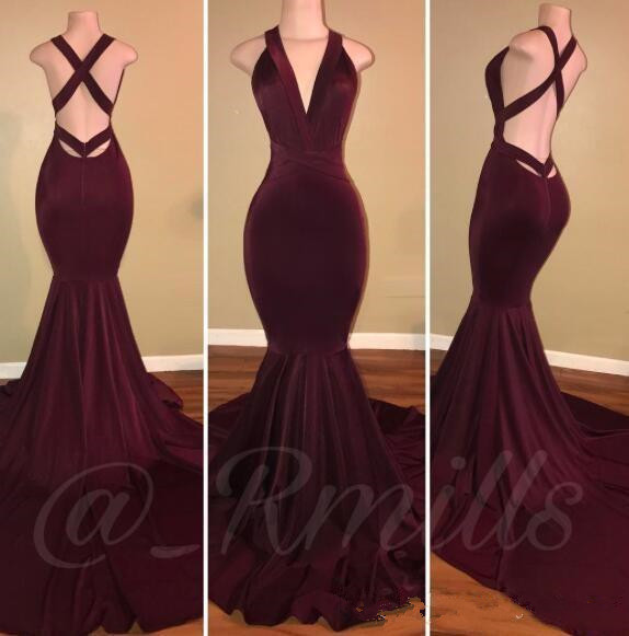 

2020 Newest Arabic Dubai Burgundy Mermaid Evening Dresses Deep V Neck Sleeveles Criss Cross Backless Sweep Train Plus Size Party Prom Gowns, Hunter