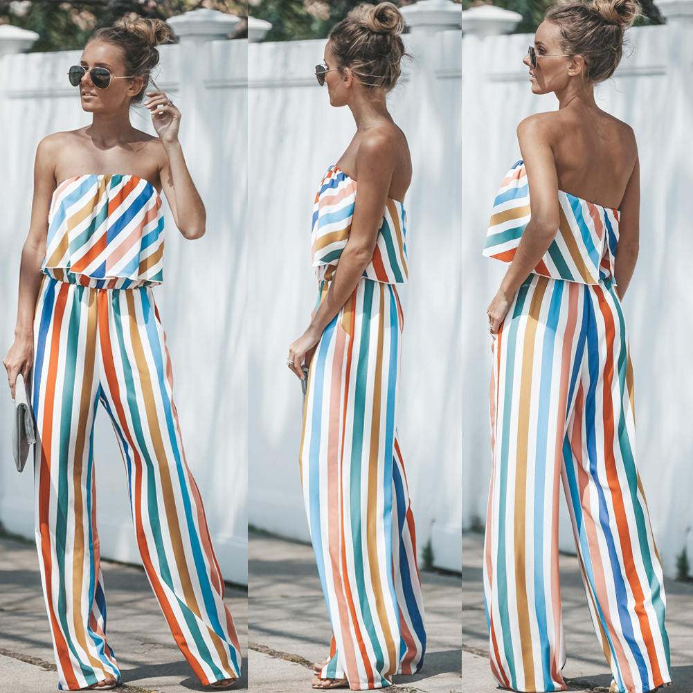 

2018 Fashion Women Jumpsuit Romper Colorful Striped Strapless Wide Leg Trousers Party Office Ladies Summer Female Clothes, Multi