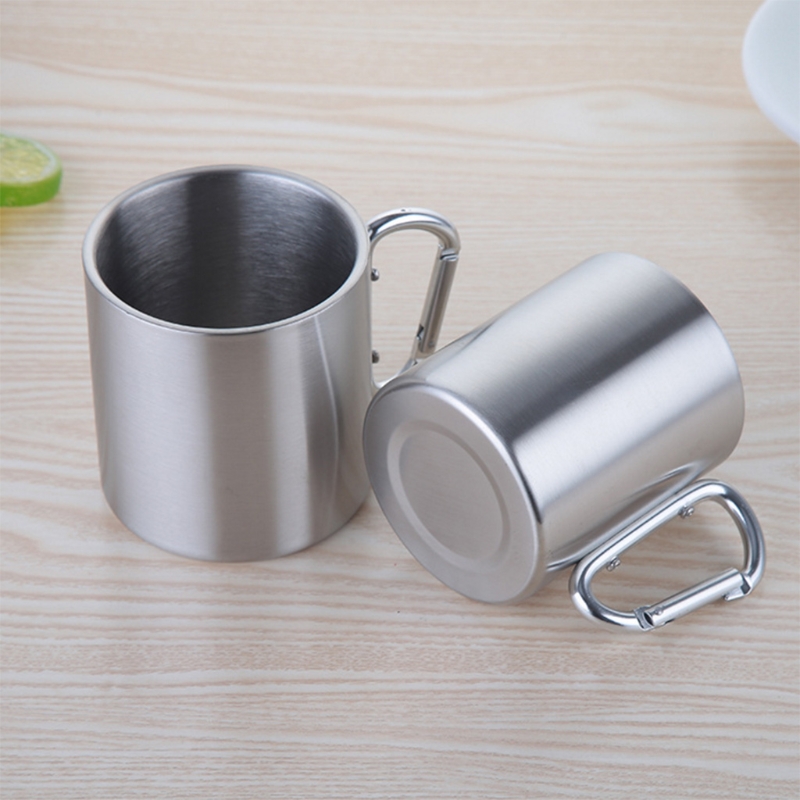 

220ml Stainless Steel Mug with Foldable Self-lock Carabiner Handle Folding Handle Cup For Outdoor Camping Hiking, Silver