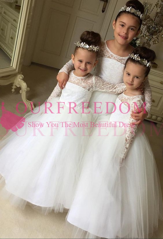 

2019 Cute Long Sleeve Flower Girls Dresses For Garden Wedding Lace Appliques A Line Puffy Tulle Zipper Back First Communion Dresses Custom, Black